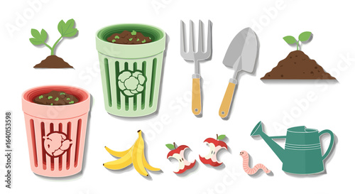 Collection of gardening tools and compost bins with organic waste