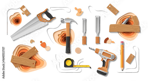 Woodworking tools and equipment arranged on a light background scene