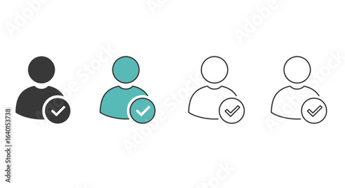 User profile account verification confirmation success check mark icon set representing approved registered user status and validated membership status