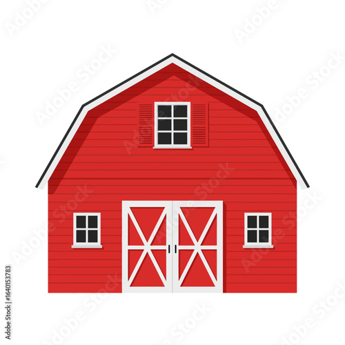 A Classic Red Barn with White Trim and Double Doors on a White Background