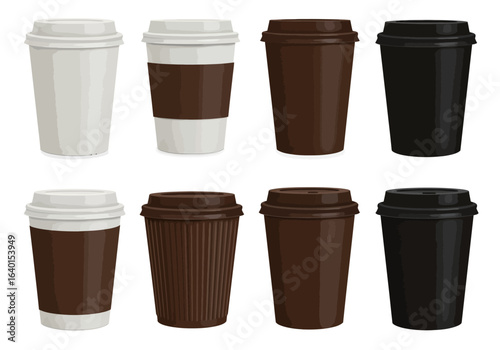 Collection of disposable coffee cups with different colors and textures for takeaway beverages