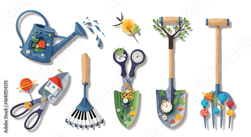 Colorful gardening tools displaying floral and nature designs