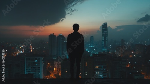 A dramatic and cinematic shot of a protagonist standing on a rooftop, gazing at the city, evoking a sense of power and freedom