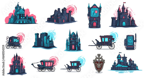 Futuristic buildings collage in neon blue and pink cyberpunk style