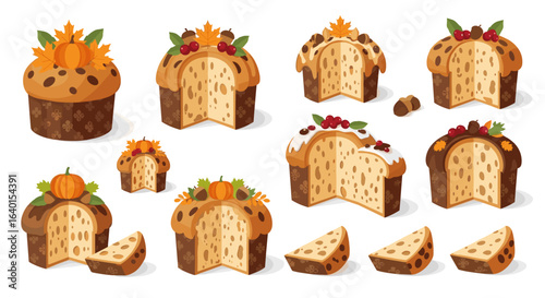 Festive assortment of traditional panettone cakes with decorations