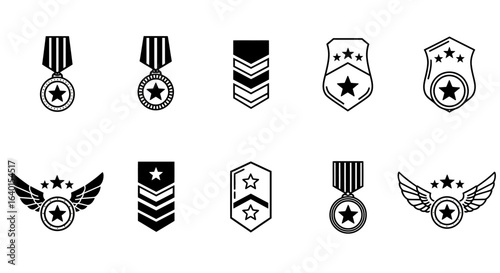 Collection of Military Awards Badges Insignia Emblematic Decorations and Rank Symbols Representing Achievement Honor and Service in a Digital Format