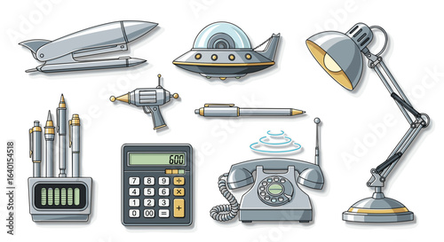 Collection of vintage gadgets and futuristic illustrations in gray