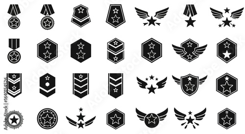 Collection of Military Rank Insignia and Awards Featuring Stars Wings and Medals in a Stylized Black and White Design