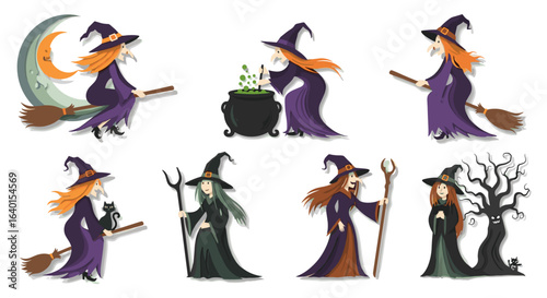 Illustrations of witches with broomsticks and cauldrons in action
