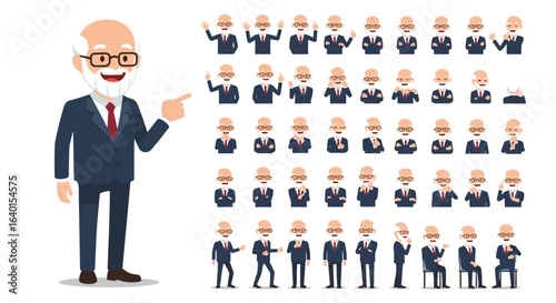 Pixel art of a bald man in a suit with multiple small portraits