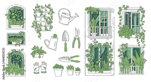 Illustration of gardening tools and potted plants in green and grey