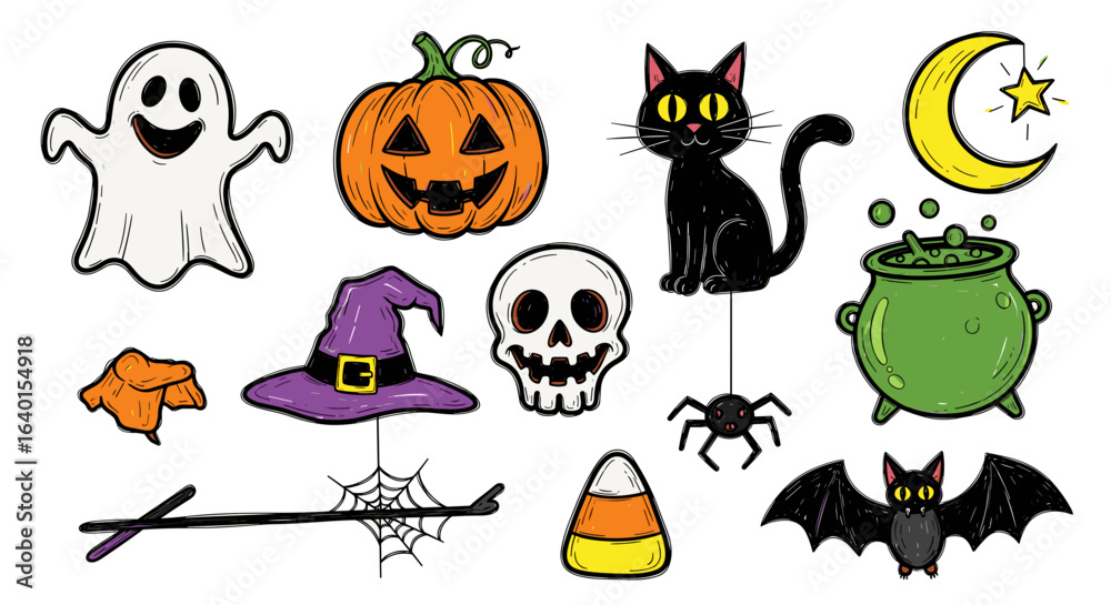 Obraz premium Various halloween elements with ghost, pumpkin, cat, and more