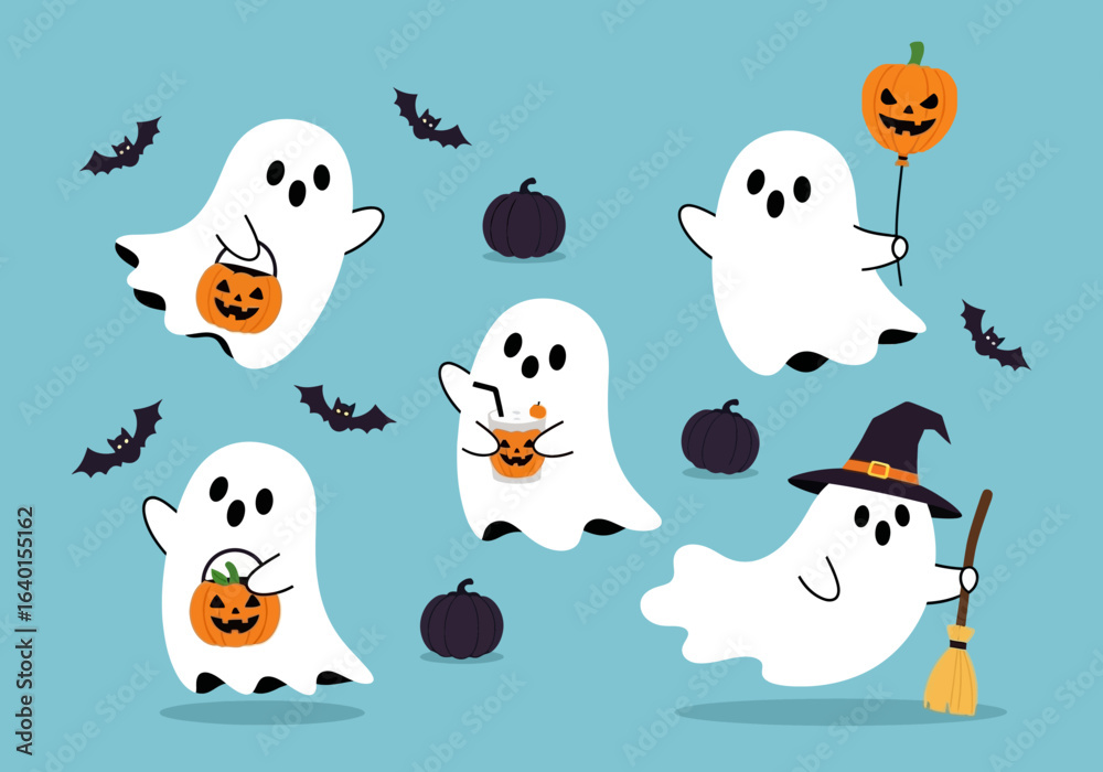 Naklejka premium Adorable Halloween Ghosts and Bats Celebrating the Spooky Season with Pumpkins and Brooms