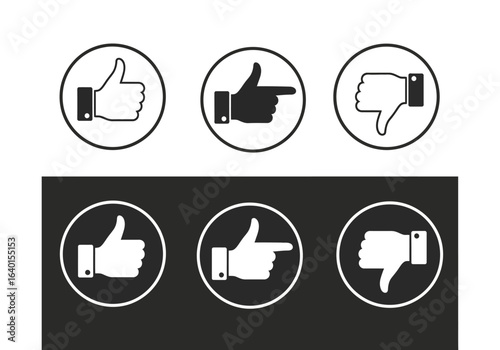 Collection of Hand Gesture Icons Showing Approval Disapproval and Directional Cues in Circle Frames Both on White and Dark Backgrounds