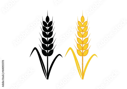 Two stylized ears of grain one black and one golden yellow representing agriculture and food production