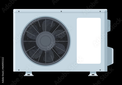 An Outdoor Unit of an Air Conditioning System Featuring a Large Fan and a White Panel for Information Displayed on a Black Background Representing the Cooling Mechanism of a Home