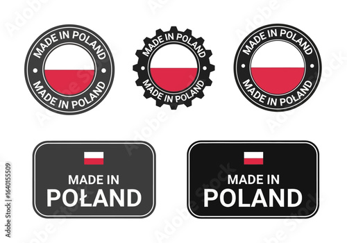 Collection of Made in Poland Labels and Stamps Featuring the Polish Flag and Circular and Rectangular Designs Showcasing National Origin for Product Labeling and Quality Assurance