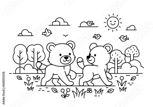 Adorable bear cubs exploring a sunny meadow filled with trees flowers and birds on a beautiful spring day a perfect scene for coloring and imagination