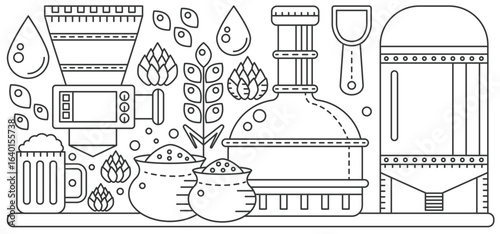 Beer production equipment, malt ingredients and Octoberfest glass cup with foam and alcohol thin line infographic vector illustration. brewery factory reservoir for fermentation, storage tanks
