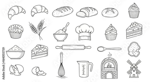 Collection of Hand Drawn Baking Ingredients and Tools for Pastry and Bread Making Essentials