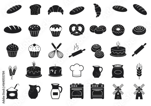 Illustrations of Baked Goods and Baking Equipment Representing the Art of Bread Making and Pastry Creation