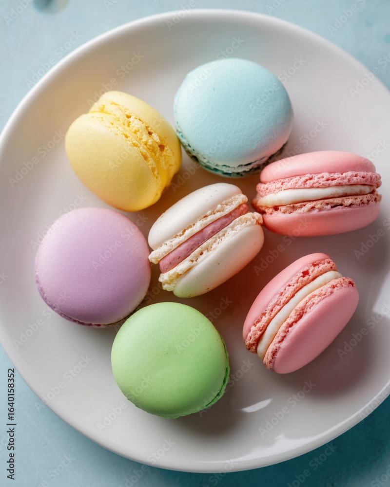 Obraz premium Assorted Colorful Macarons on White Plate Overhead View