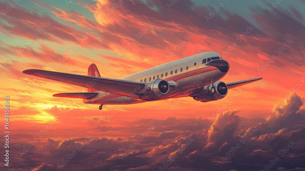 Fototapeta premium A large airplane is flying through a cloudy sky with a beautiful sunset in the background. Concept of freedom and adventure, as the airplane soars through the sky, leaving the ground below