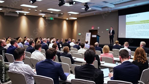 Conference presentation on industry trends held in a large hotel conference room with engaged audience in attendance