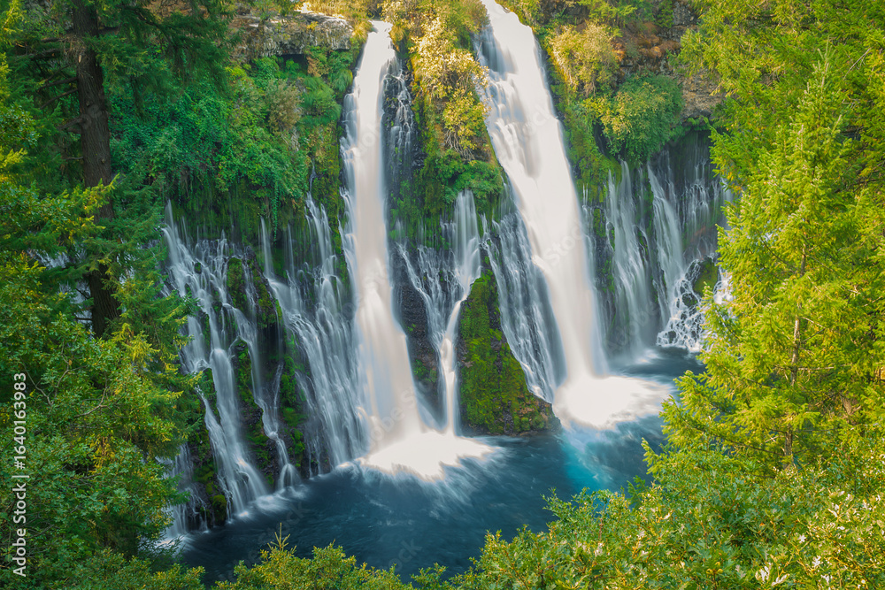 Obraz premium Majestic view of Burney Falls in Northern California, with cascading waters surrounded by vibrant greenery and rocky cliffs, captured during peak flow.