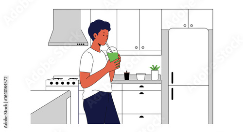 Young man enjoying green smoothie in kitchen, promoting healthy living and wellness lifestyle at home