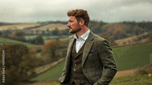 Man in Tweed Suit Admires Serene Countryside