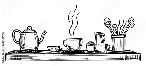 hand drawn tea set on wooden tray – outline vector illustration