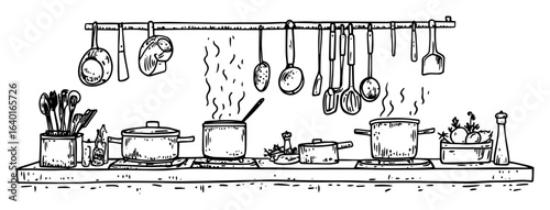 hand drawn kitchen stove with utensils and cookware – outline vector illustration