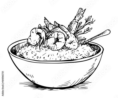 hand drawn bowl of rice with shrimp and vegetables – outline vector illustration