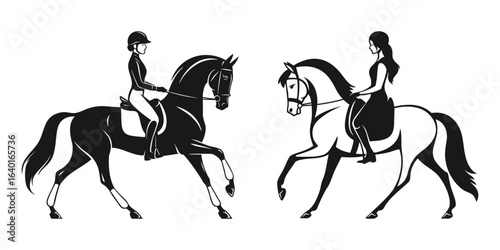 Two women riding horses in black and white silhouette style