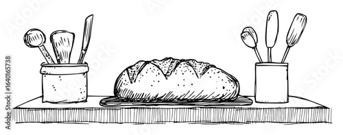 hand drawn bread loaf with kitchen utensils – outline vector illustration