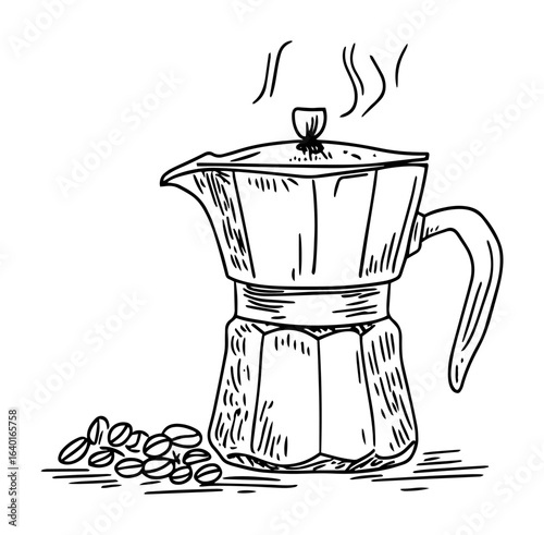 hand drawn moka pot with coffee beans – outline vector illustration