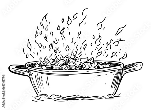 hand drawn hot stew or soup in pot with steam – outline vector illustration
