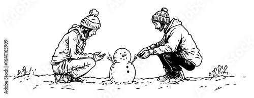 hand drawn friends decorating small snowman – outline vector illustration