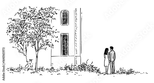 hand drawn couple standing by house with tree – outline vector illustration