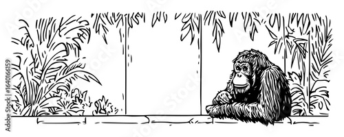 hand drawn orangutan sitting near glass wall – outline vector illustration