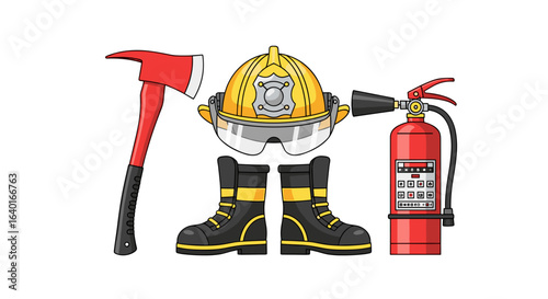 Illustration of firefighter gear including an axe helmet boots and a red fire extinguisher on white