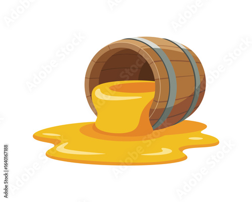 Wooden barrel spilling golden honey onto a white background