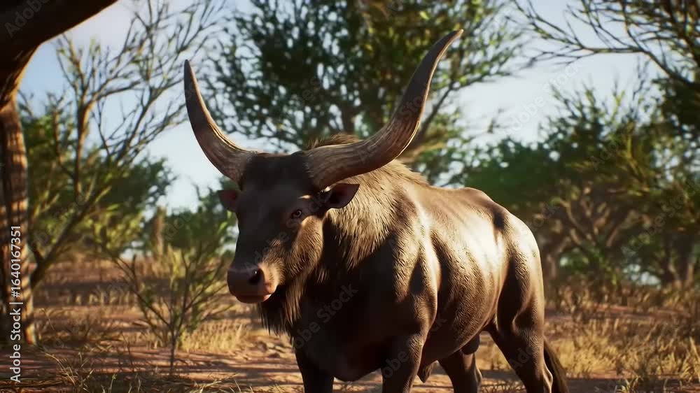 Majestic bull in a sun-drenched savanna Majestic bull in a sun-drenched savanna