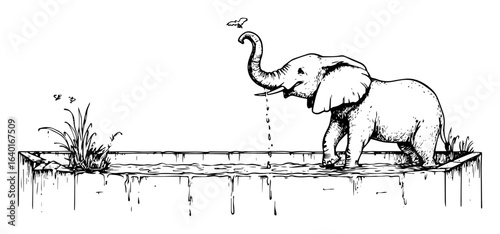 baby elephant spraying water – black and white cute drawing