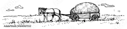 horse pulling hay cart – vintage rural transport sketch