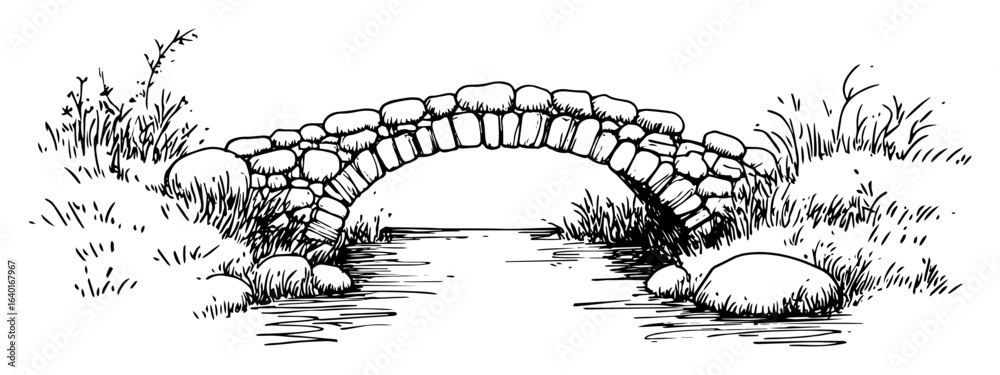 Obraz premium stone bridge over stream – outline rural architecture sketch