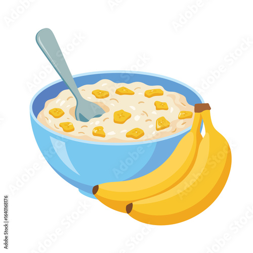 Delicious bowl of oatmeal with sliced bananas and a spoon