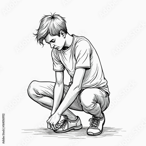 Young man crouching while tying shoelaces in casual clothing  