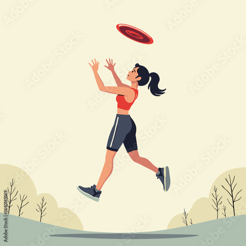 Athletic woman jumping to catch frisbee in outdoor setting  